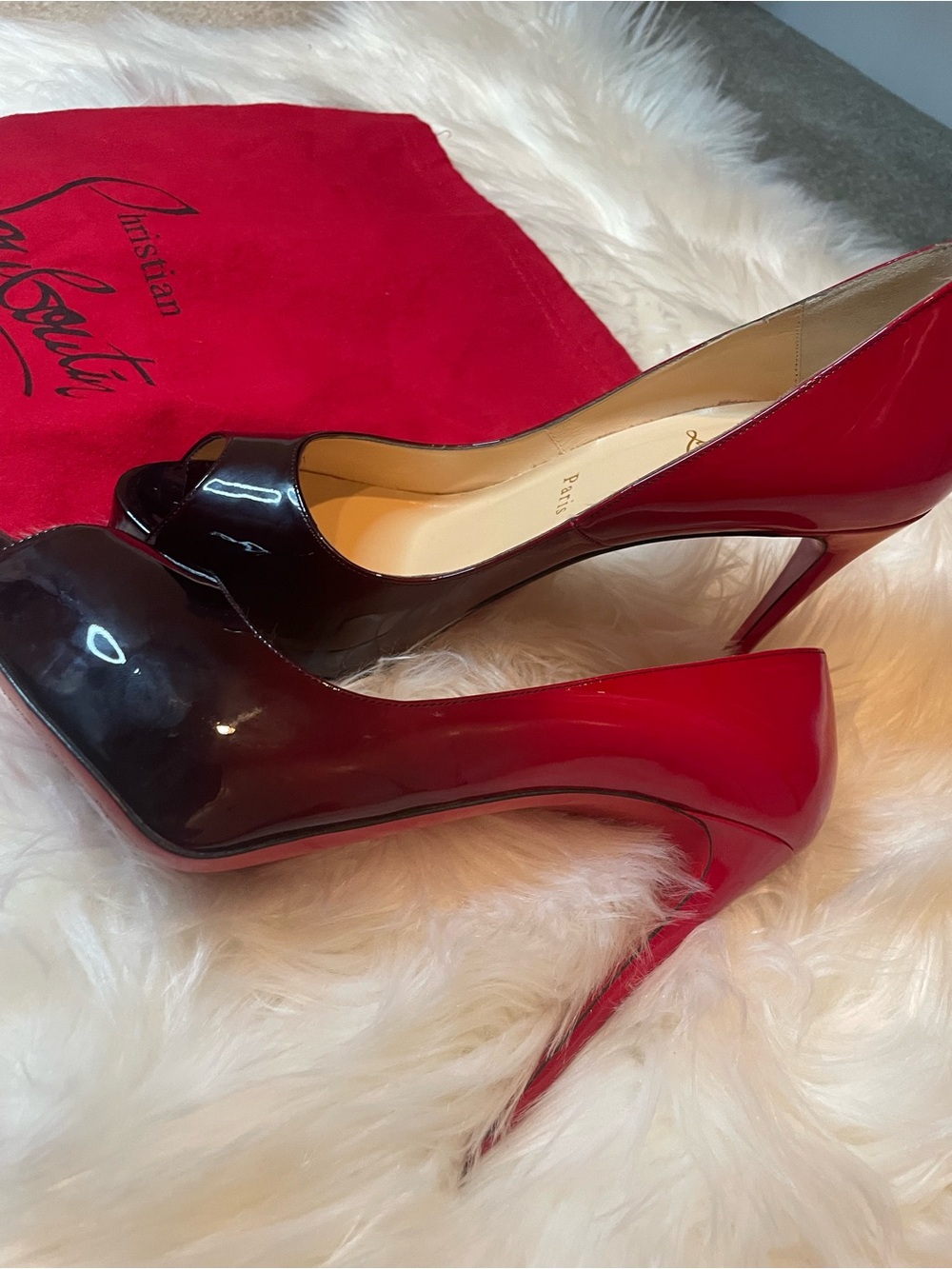 Christian Louboutin Two-Tone Red and Black Patent Peep-Toe Stiletto Pumps